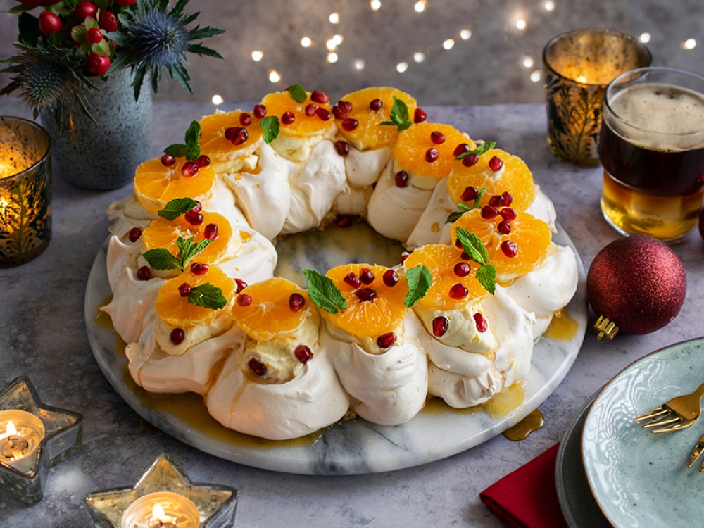 Clementine and Pomegranate Christmas Meringue Wreath Living North